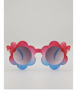 Front view of floral baby sunglasses with red-blue gradient frames and bow accents