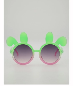 Detail of neon green rabbit ear sunglasses for kids with pink-purple gradient lenses