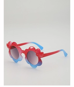 Detail of flower shaped kids sunglasses with vibrant red and blue gradient frames