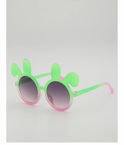 Detail view of rabbit ear kids sunglasses with green to pink gradient frame and purple lenses