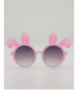 Detailed view of pink rabbit ear sunglasses for kids with purple gradient lenses