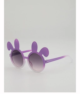 Macro detail of round purple gradient sunglasses with cute bunny ears for kids