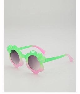 Close-up of flower-shaped kids sunglasses with matte green and pink gradient frames