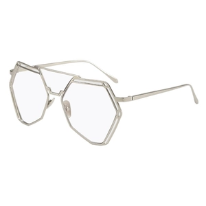 Montura de gafas geométrica hexagonal de metal plateado con un moderno puente doble