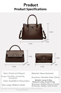 Size guide for large, medium and small tote bags with detailed dimensions and weight specifications