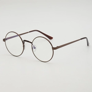 Retro runde Brille mit dunkelbraunem Metallrahmen und klaren Brillengläsern