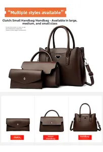 Three-piece set of dark brown lychee leather tote bag, handbag and envelope clutch