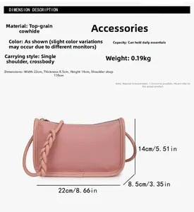 Detailed size chart for pink leather crossbody bag with braided strap and dimensions