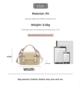 Detailed view of beige PU shoulder bag with size specs and scarf-wrapped handle