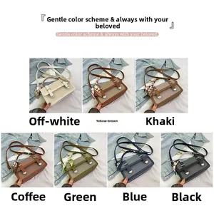 Collage of leather handbags in seven colors featuring silk scarf handles and metal buckles