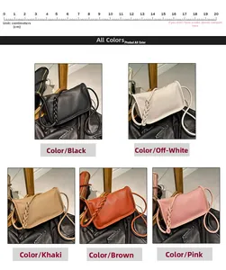 Detailed grid view of five textured crossbody bags in black, beige, khaki, brown, and pink