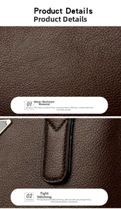 Detail of dark brown lychee leather texture and durable reinforced stitching on the bag
