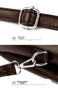 Detail of dark brown pebble leather bag with adjustable strap and silver metal hardware