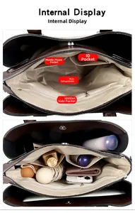 Internal view of the dark brown shoulder bag showing multiple compartments and large capacity