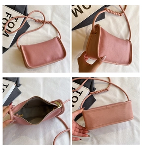 Collage of pink pebbled leather small crossbody bag showing details and interior lining