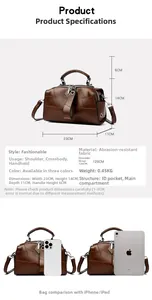 Size chart for brown crossbody pillow bag showing dimensions 23x14x11cm and scale details