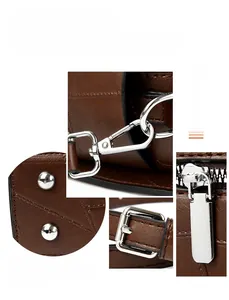 Close-up of silver hardware, adjustable strap buckles, and smooth zipper on brown leather bag
