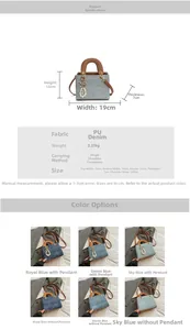 Gedetailleerde maattabel en kleuropties voor de denim crossbodytas met PU-afwerking