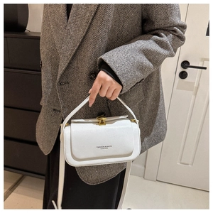 Close-up of white PU leather box bag with gold buckle and Fashion & Bags text logo