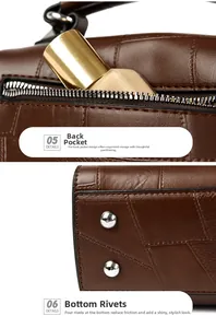 Detail of crocodile pattern leather bag with rear zip pocket and protective metal studs