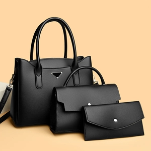 Three-piece black lychee pattern leather handbag set with tote bag and crossbody pouch