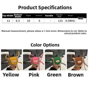 Size guide for mini woven crossbody bag showing dimensions and four color options