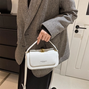 White minimalist leather box crossbody bag with fashion logo and metallic hardware