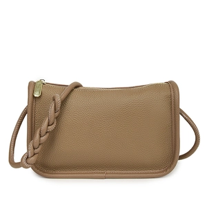Litchi pattern dark camel crossbody flap bag with stylish woven shoulder strap and gold zipper