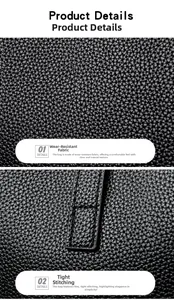 Close-up of black lychee grain leather texture with durable stitching for tote bag