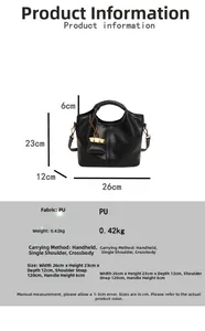 Detail view of black PU leather handbag with metal chain and small hanging pouch accessory