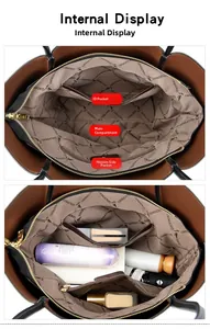 Internal display of the large capacity tote bag showing compartments and organized storage