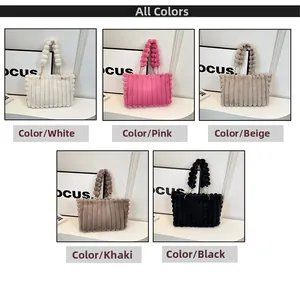 Detailed grid of plush striped handbags in white, rose, beige, khaki, and black colors