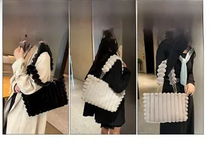 Detailed views of the striped faux fur shoulder bag in black, white, and grey colors