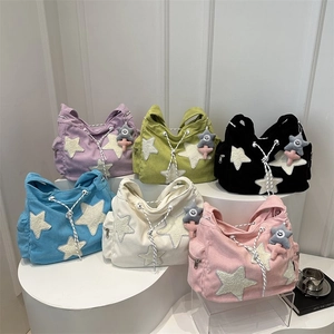 Sac À Bandoulière En Velours Côtelé Kawaii Avec Écussons Étoiles En Peluche Et Charme Grand Fourre-tout À Cordon Pour Femmes