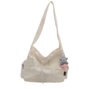 Sac bandoulière chic en velours côtelé crème avec étoiles 3D et porte-clé étoile