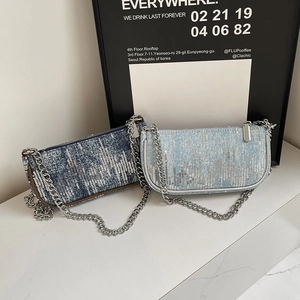 Women Denim Sequin Baguette Bag With Silver Metal Chain Retro Y2K Shoulder Crossbody Bag Fashionable Casual