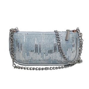Light blue denim shoulder bag with silver sequins and metallic chain strap on white background