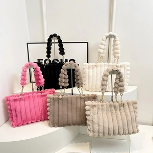 Faux Fur Shoulder Bag Vertical Striped Plush Tote With Pom Pom Chain Handle Large Capacity Winter Casual For Women Chic