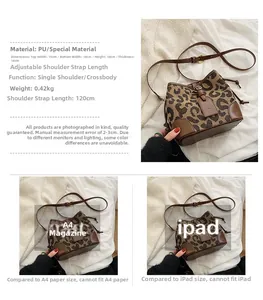 Size comparison of leopard print PU bucket bag with A4 paper and iPad dimensions