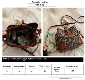 Detailed size chart and capacity guide for this leopard print drawstring bucket bag