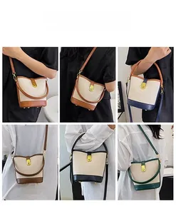Collage of canvas bucket bags in five colors showing crossbody and handheld styling