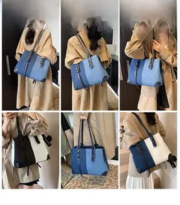 Multiple views of fashion denim patchwork tote bag showing large capacity and shoulder style