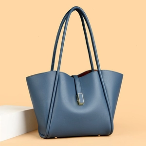 Minimalist navy blue lychee grain leather tote bag with long handles and golden buckle