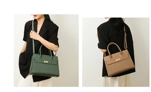 Detail showing dual colors of crocodile pattern tote bags with gold twist locks and straps