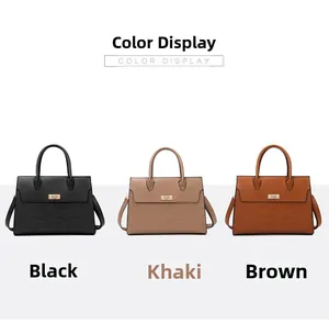 Three-color display of lychee texture tote bags with gold square metal twist locks