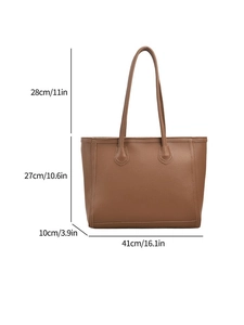 Detailed size chart for the brown pebble leather tote bag showing all dimensions