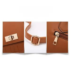 Macro view of caramel leather textures, golden twist lock and metallic zipper details