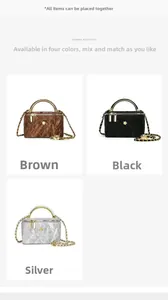 Three quilted small square handbags in brown, black, and silver with metal handles