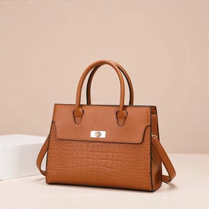 PU Leather Crocodile Embossed Handbag Vintage Chic Large Capacity Tote Bag With Metal Turn-Lock And Adjustable Strap For Women