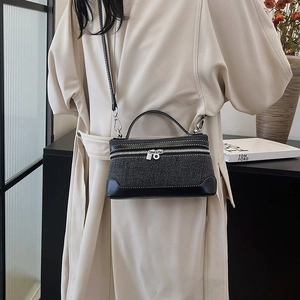 Retro denim-textured wool and leather patchwork handbag with silver hardware and shoulder strap